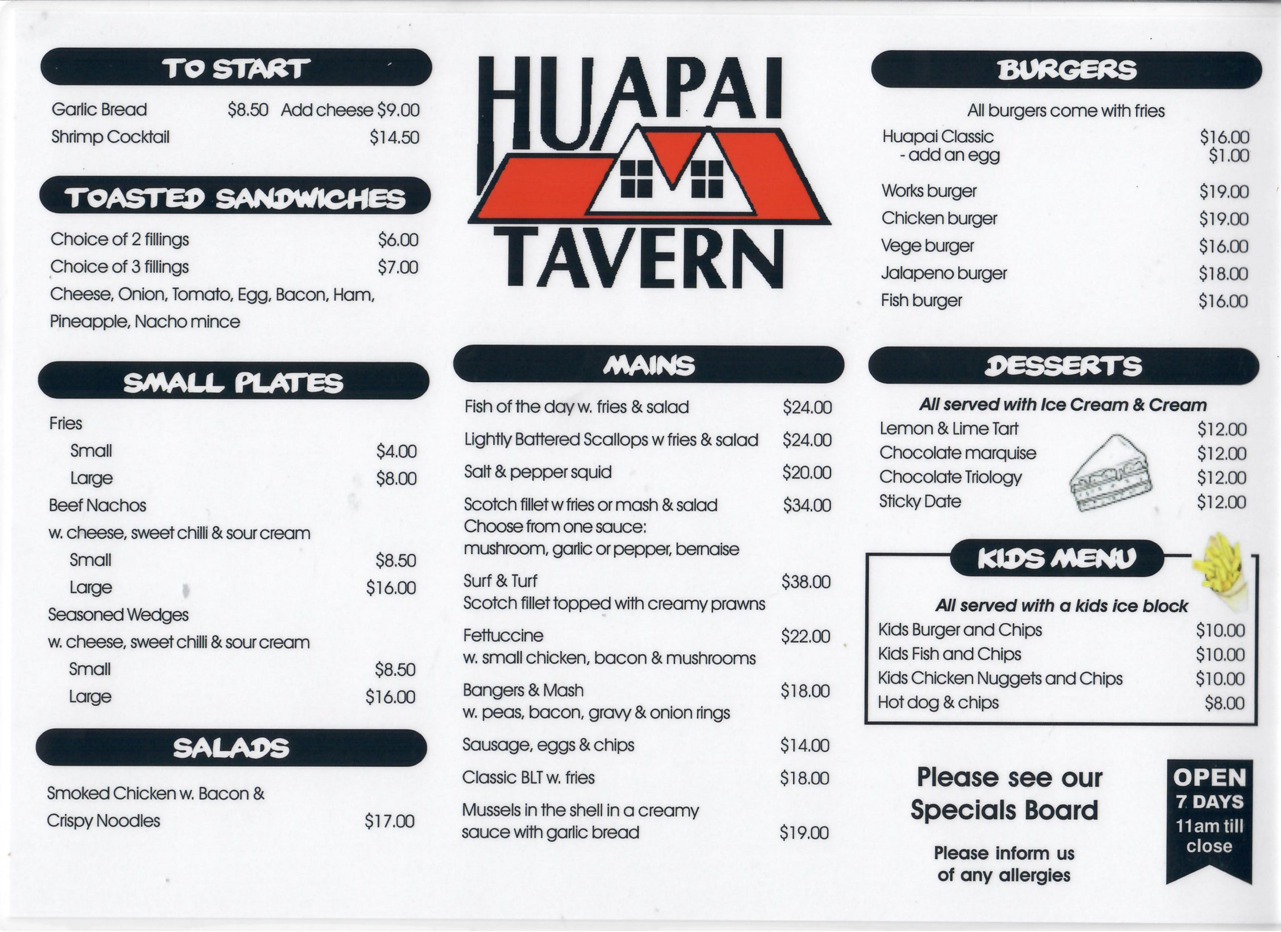 Huapai Tavern menu